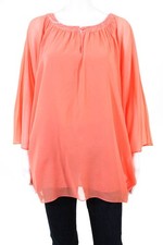 Halston Heritage Womens Neon Coral Beaded Flutter Sleeve Tunic Blouse Size 4 NEW
