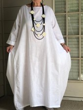 LAGENLOOK ARTSY BOHO  BUBBLE  ASYMMETRIC WHITE LINEN DRESS WITH NECKLACE
