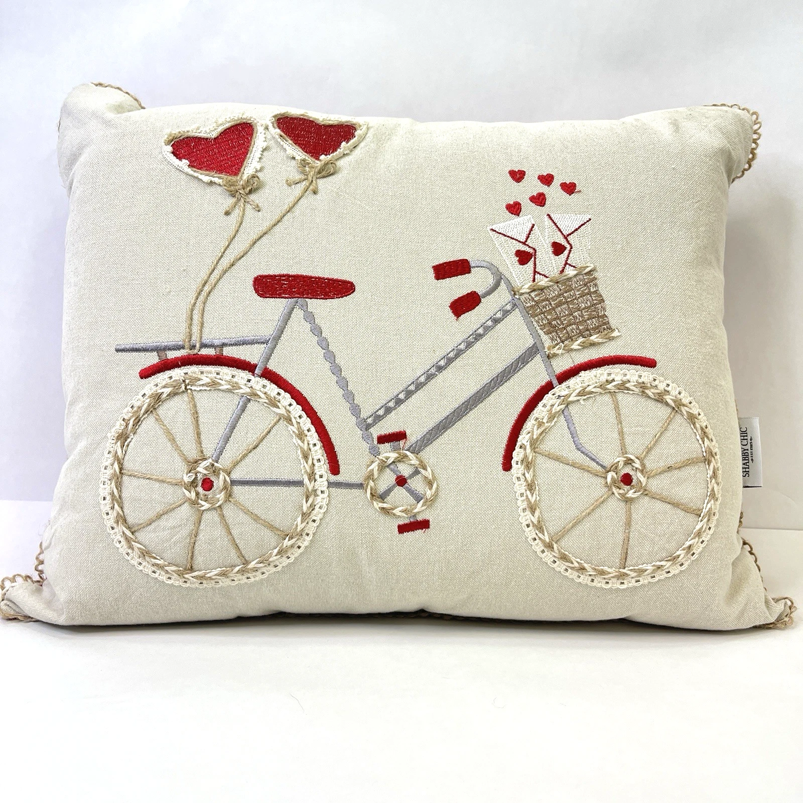 Embroidered Pillow Bicycle Fringe Hearts Beige/Red 18x14x6 Cottagecore