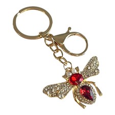 Women's Gold Red Clear Rhinestone Bee Charm Key Chain 4" Metal Sparkly Bling