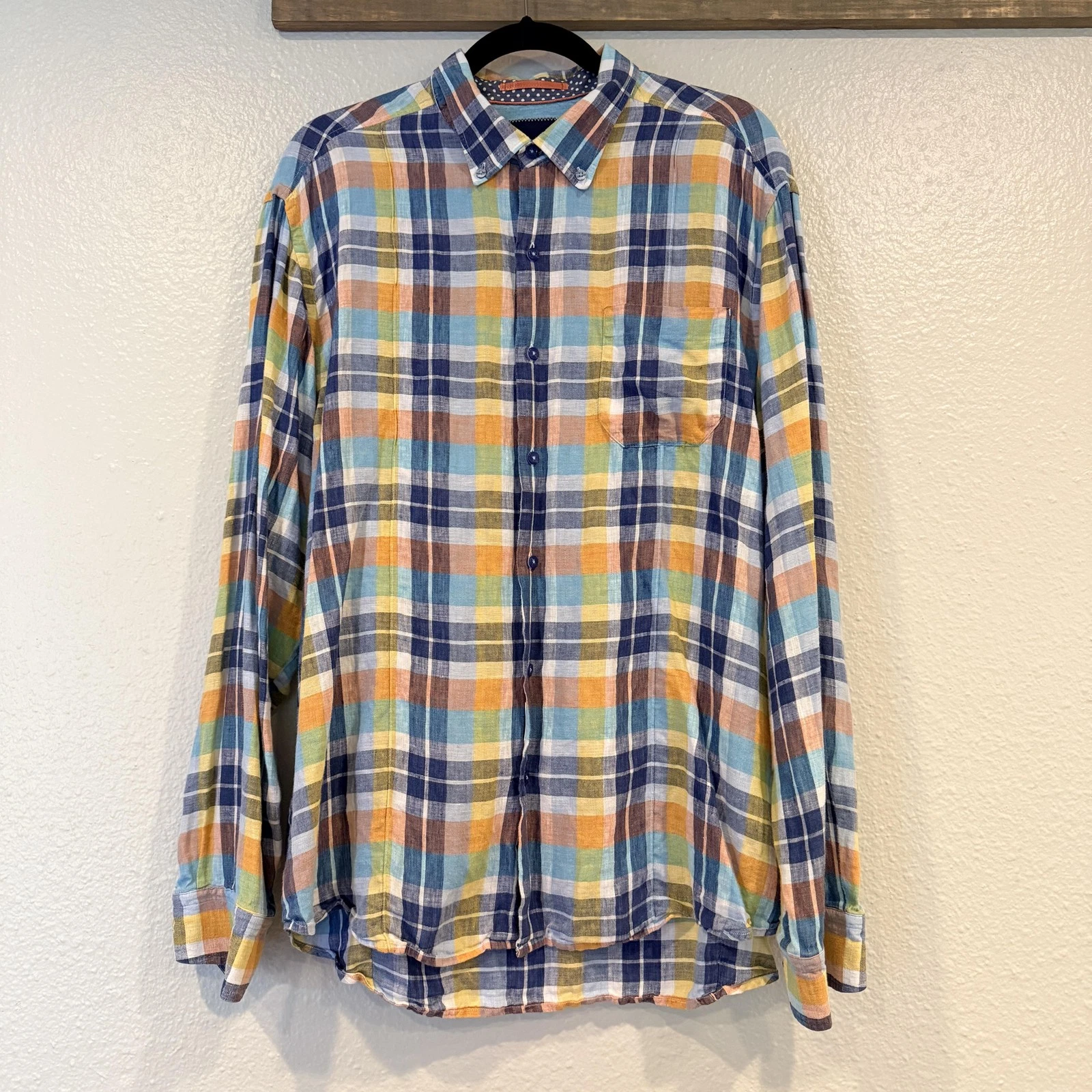 Tommy Bahama Shirt Mens Large Multicolor Plaid 100% Linen Long Sleeve Casual
