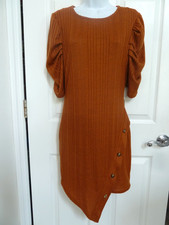 *NEW!! MAX & ASH Sz L Sweater Dress Puffed Sleeve Ribbed Asymetrical Knee Length