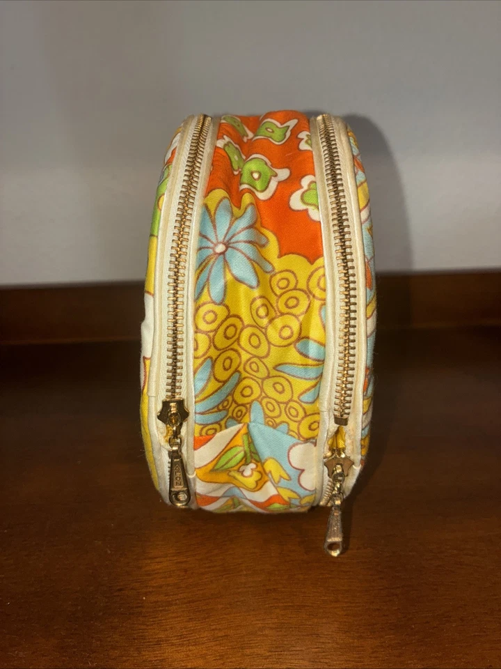 Garra Vintage Redonda Amarilla Dos Caras Flores Cosméticos Viaje Organizador Joyería Foto 4 de 4