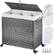 GREENSTELL Laundry Hamper with Wheels Lid, 130L Large 3 Sections Clothes Hamp...
