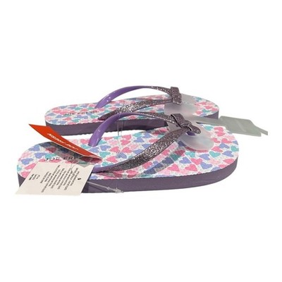 Joe Fresh Flip Flop Sandals Girls Size 12.5 Purple Heart Glitter Bow Beach Shoes