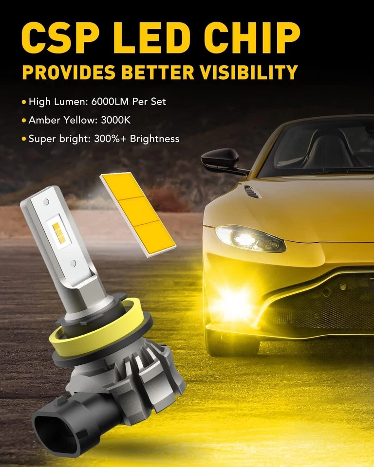 AUXITO H11/H8/H16 LED Fog Light Bulbs – 6000 Lumens 3000K Amber Yellow - Image 2 of 4