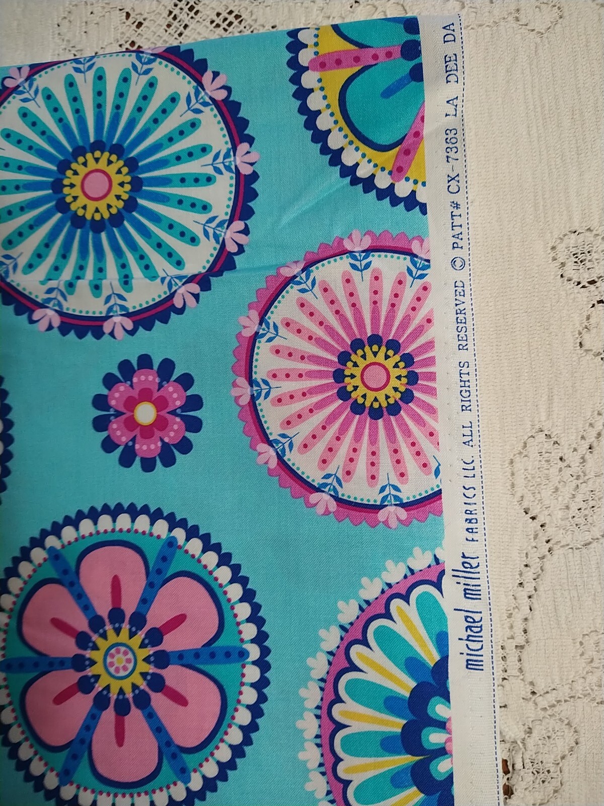 Michael Miller La Dee Da BTHY 18x43 Aqua Blue Pink Floral Medallion