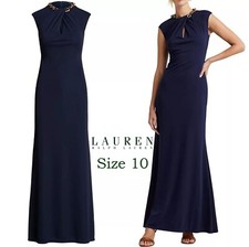 NWT Ralph Lauren Women's Chain Trim Neck Navy Jersey Gown Size 10