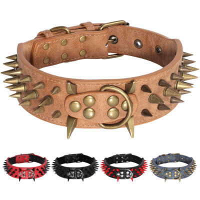 inch Wide Spiked Studded Dog Collar Leather Padded Pitbull Bulldog  Rottweiler