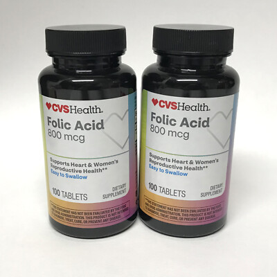 LOT of 2X FOLIC ACID 800 mcg Folate Supplement CVS, 200 TABLETS(100 ea) X10/26+