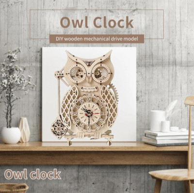 Wooden 3D Holz Puzzle DIY Bausatz Modell OWL Clock Retro Eulen Pendel Uhr