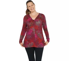 H by Halston Printed V-Neck Long-Sleeve Top w Twist Detail - Red (XXS) a346929 -