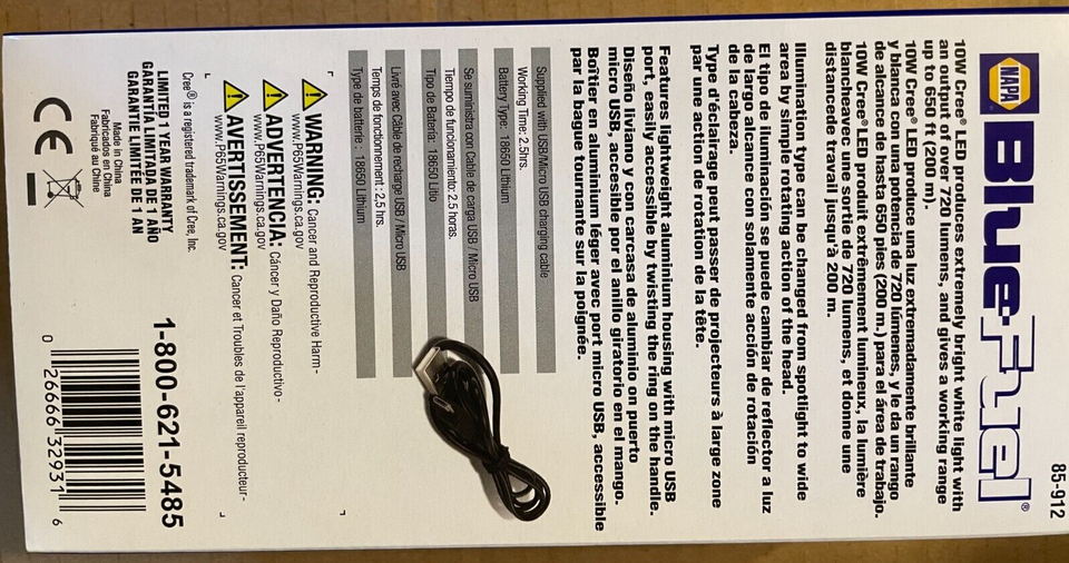 Napa Blue Fuel 85912 Rechargeable Flashlight 720Lumens 10W CREE (NEW