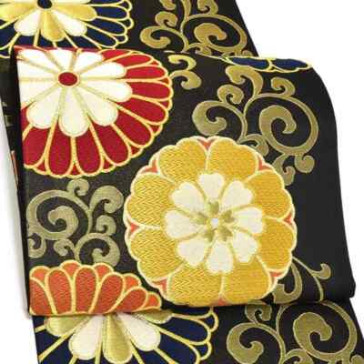 Furisode Obi Black x Gold Chrysanthemum and Arabesque Kimono Traditional