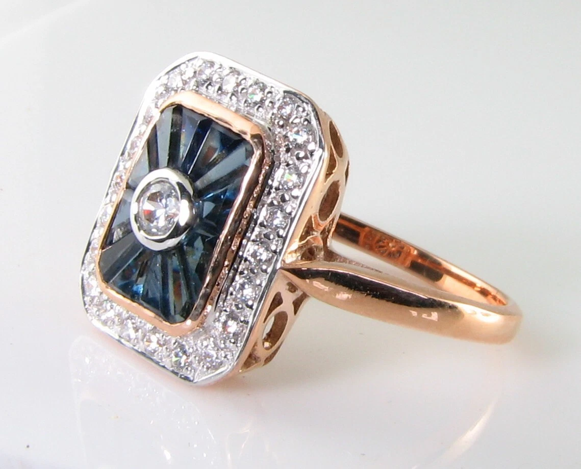 Anillo Cluster 9K Oro Rosa, Zafiro Diamante Rose Gold, Talla Francesa