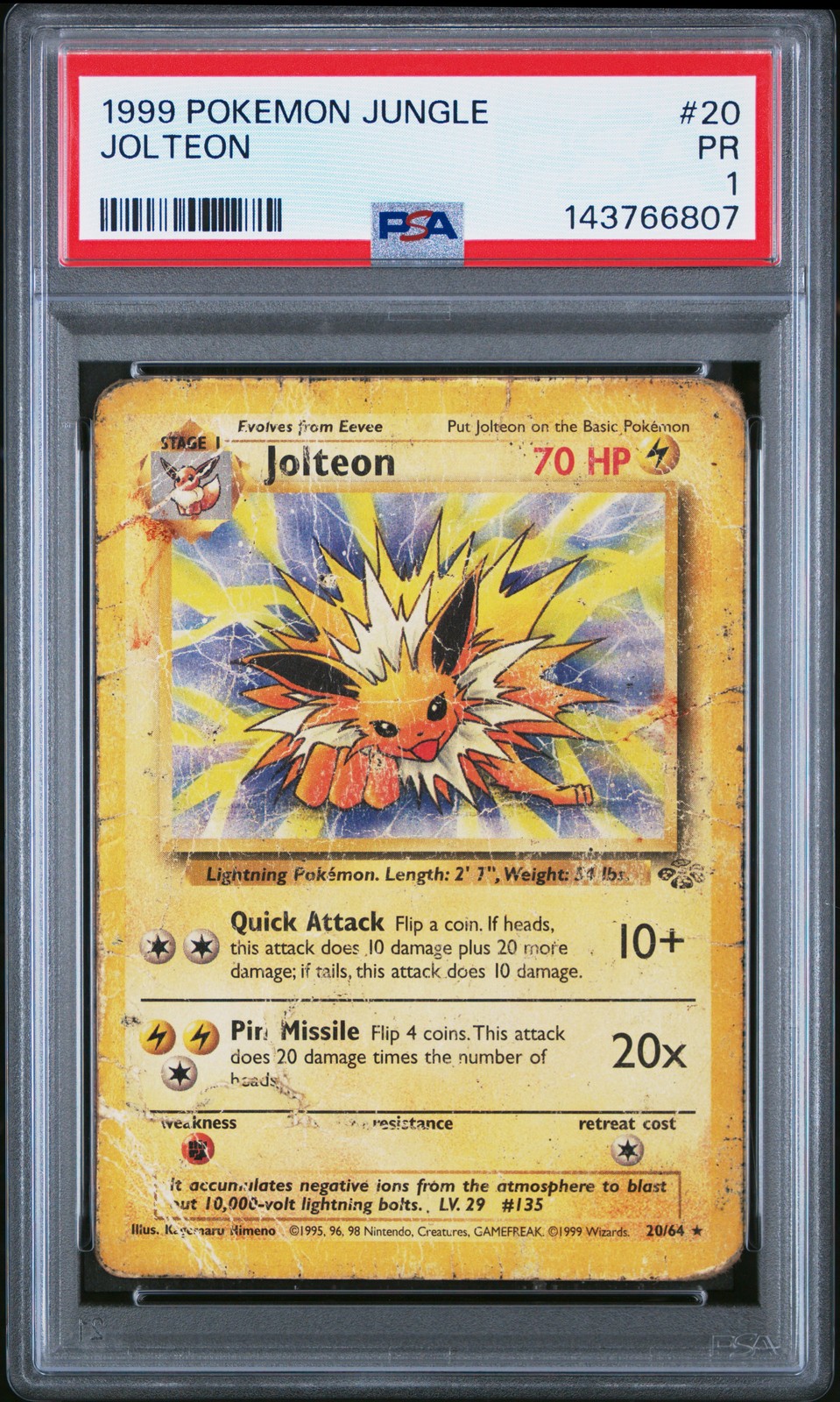 Jolteon PSA 1 1999 Pokemon Jungle #20 POP 10