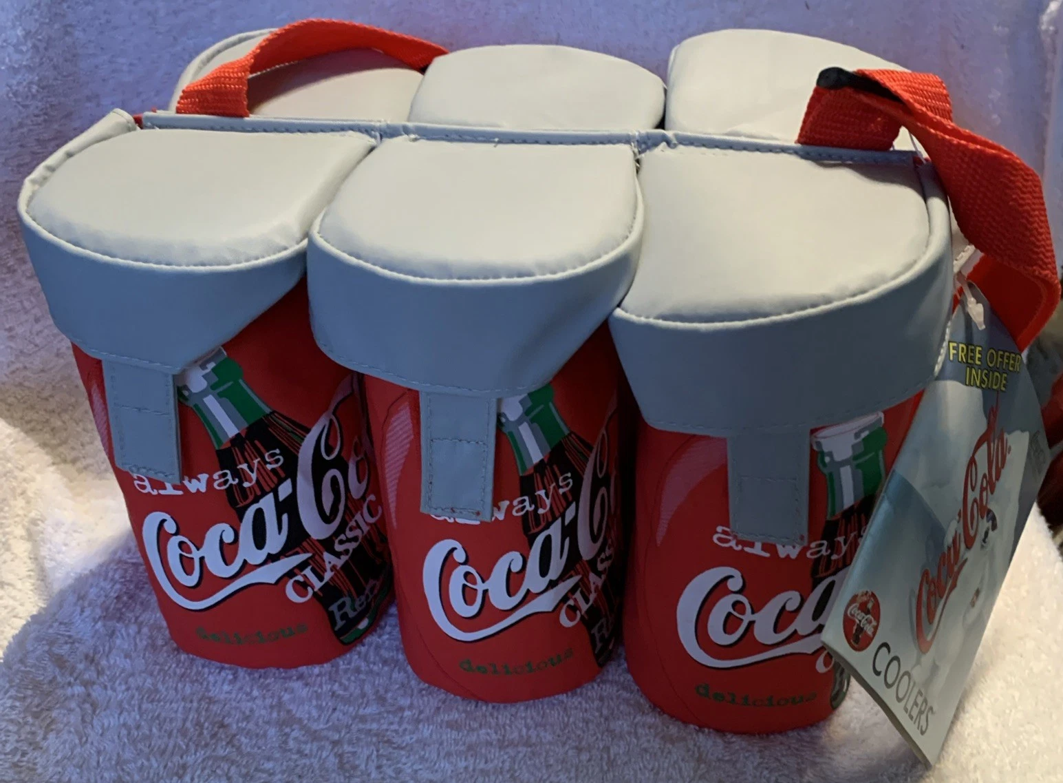 VTG Coca Cola 6 Pack Cooler Soft Vinyl Hook Red Tote Bag 1997 New With Tags