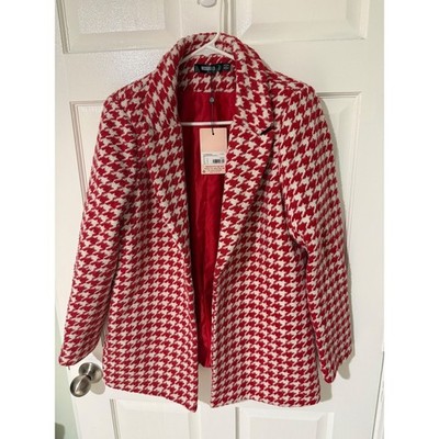 Missguided Red White Houndstooth Boucle Boyfriend Blazer US 10 New J9703907