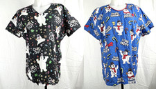Lot of 2 Frosty The Snowman Themed Winter Christmas Scrub Tops Blue  Black XL