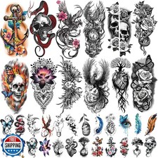 77 Sheets Temporary Tattoo for Women Men, 17 Sheets Half Arm Snake Skull Butt