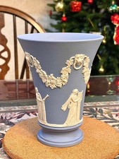 Wedgwood Jasper Flower Vase Pale Blue White Relief Lion Grape Greek Myth Used