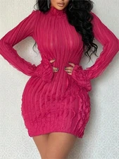 Open Slit Bell-sleeve High Collar Temperament Elegant Dress Slim Sexy Hip Skirt
