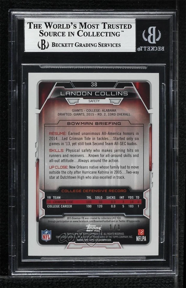 2015 Bowman Rookies Gridiron Ice 1/1 Landon Collins #38 BGS 8.5 RC 4at - Image 2 of 3