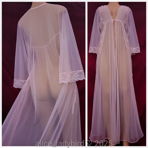 Pink CHIFFON Vintage SHEER Long Peignoir GOWN Kimono Sleeve LACE Nylon ~M/L