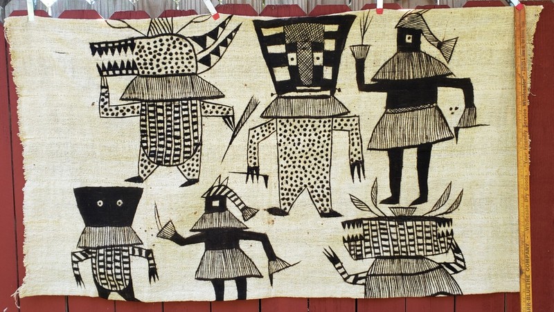 VTG AFRICAN PAINTED SENUFO KORHOGO MUD CLOTH ART, 7 STRIP 57x32, HUMANS HANICACK