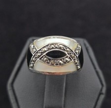Vintage Sterling Art Deco Ring 5-1/2 Marcasite Black Onyx Mother of Pearl Inlay