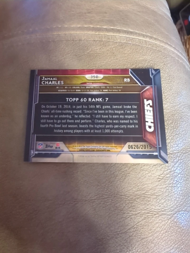 Jamaal Charles 2015 Topps GOLD #350 Football Card NFL Chiefs /2015 KC RB Insert - Image 2 of 3