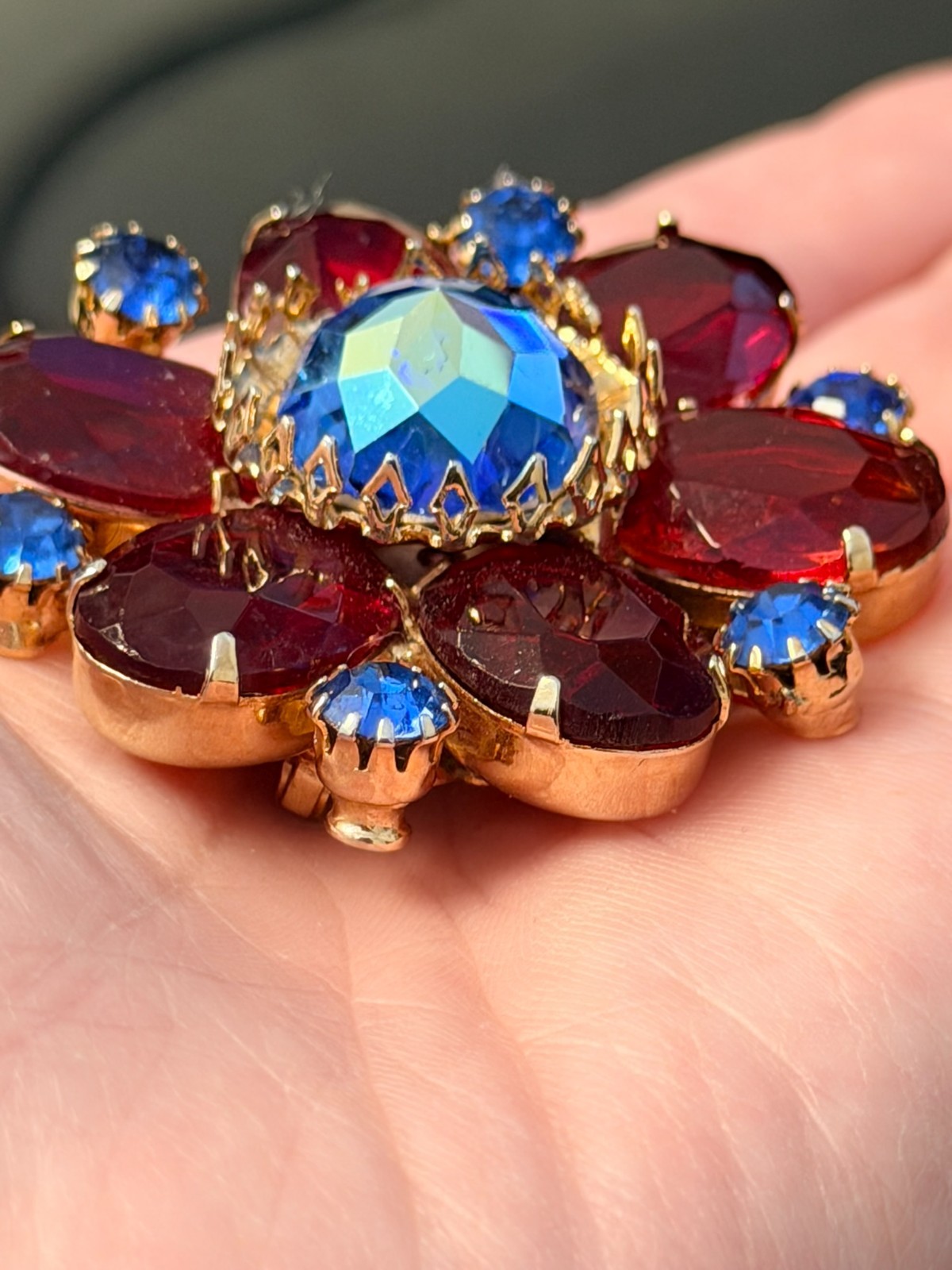 Mid Century Ruby Red Rhinestone Flower Brooch Swa… - image 4