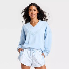 Women's Crochet Trim V-Neck Sweatshirt - JoyLab Blue L