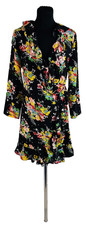 Rixo Black Multi Floral 100% Silk Women's Wrap Short Dress Size M