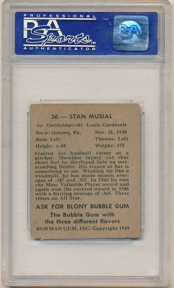 STAN MUSIAL 1948 BOWMAN #36 RC ROOKIE CARD ST LOUIS CARDINALS PSA 4 VG-EX - Image 2 of 2