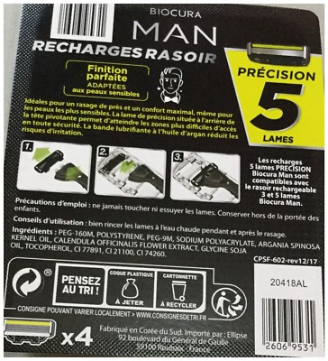 Lot De Recharges De Lames De Rasoir Biocura Man, 5 Cartouches, Compatibles Wilkinson, Homme