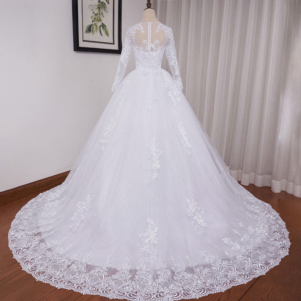 Luxury A-line Satin Long Sleeves Lace Appliques Wedding Dresses, FC4188