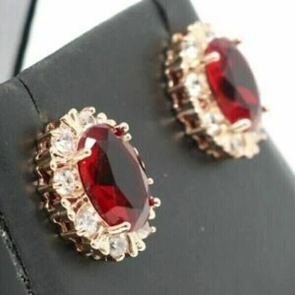 14K Rose Gold Plated 2.90Ct Lab Created Oval Red Ruby Diamond Halo Stud Earrings - Image 3 of 4
