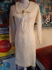 True Vtg Mid-century 1950s 1960s Crochet Peter Pan Collar Cocktail Church Dress