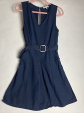 Monteau Los Angeles Navy Blue Linen Buckle Midi Dress Women M Openback