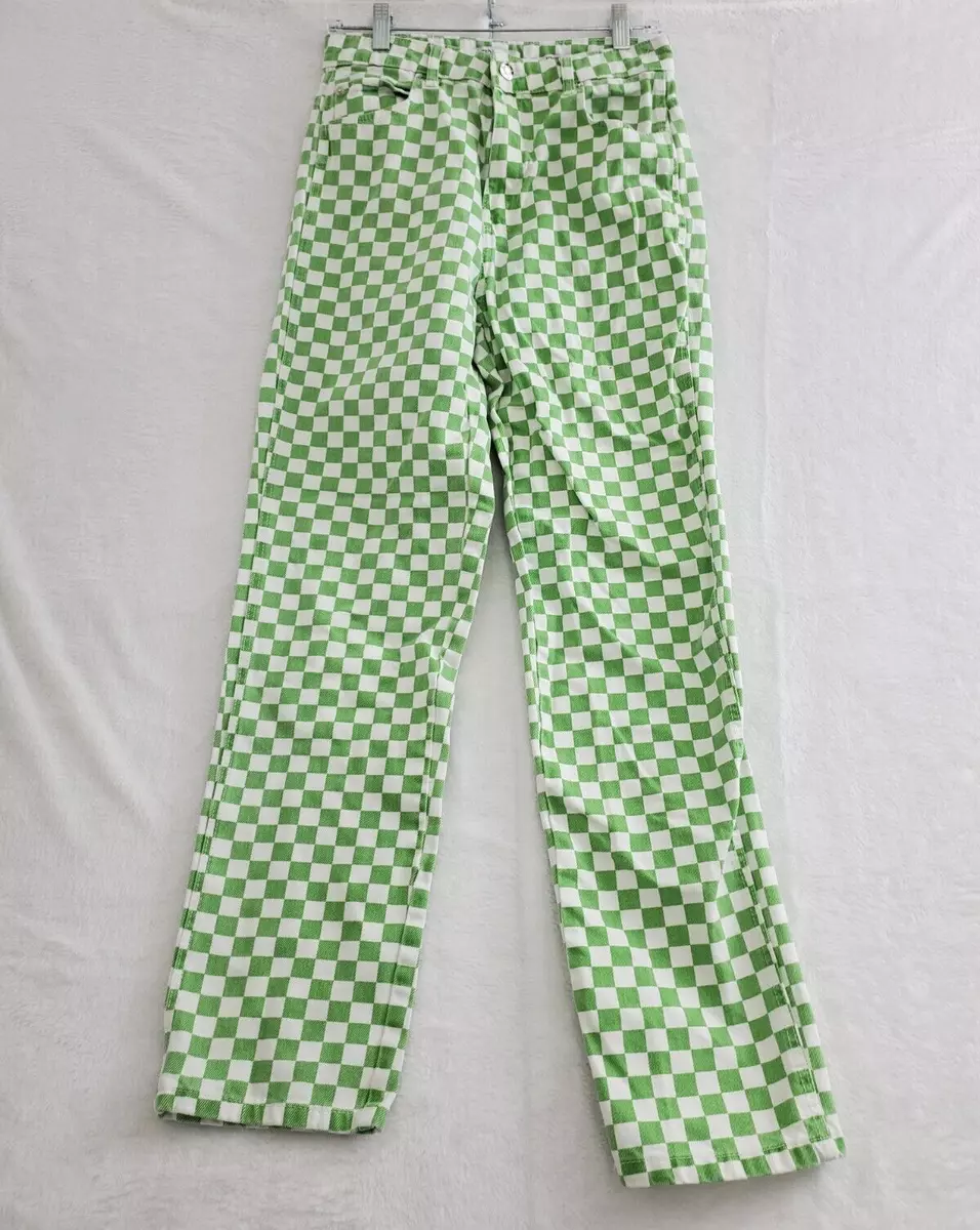 Bershka Womens Jeans 6 Green White Checkered Denim Straight Leg High Rise