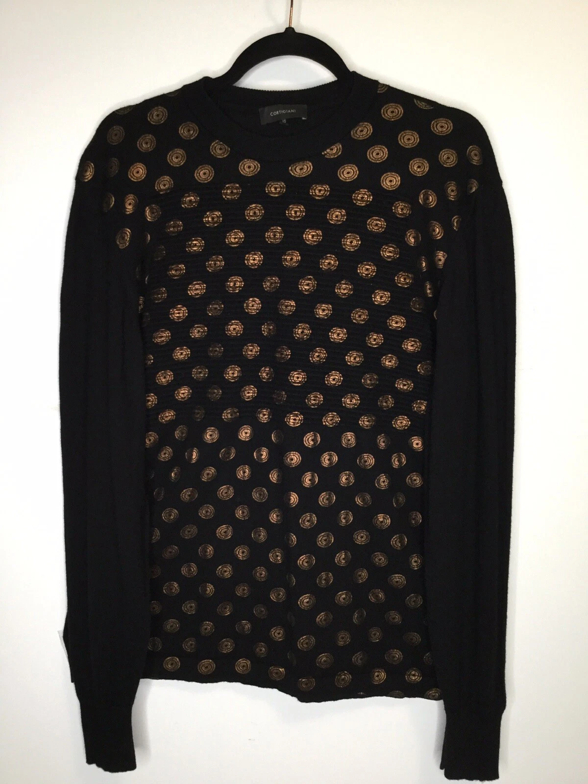 Cortigiana Size 56 XL Black Gold Circle Geo print Crew Neck Virgin Wool Sweater