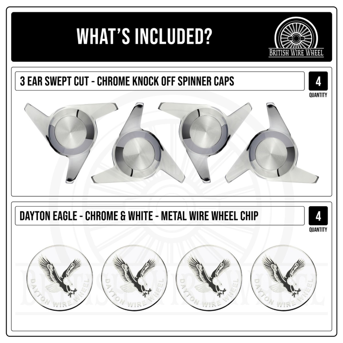 Dayton Eagle Chrome & White Metal Wheel Chip Emblems with Dayton Eagle Chrome & White Metal Wheel Chip Emblems with