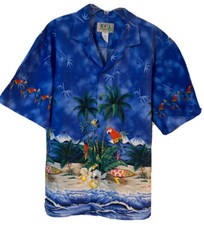 KY's Hawaiian Shirt Mens XL Blue Floral Parrot Surfing Made in USA Cotton EUC
