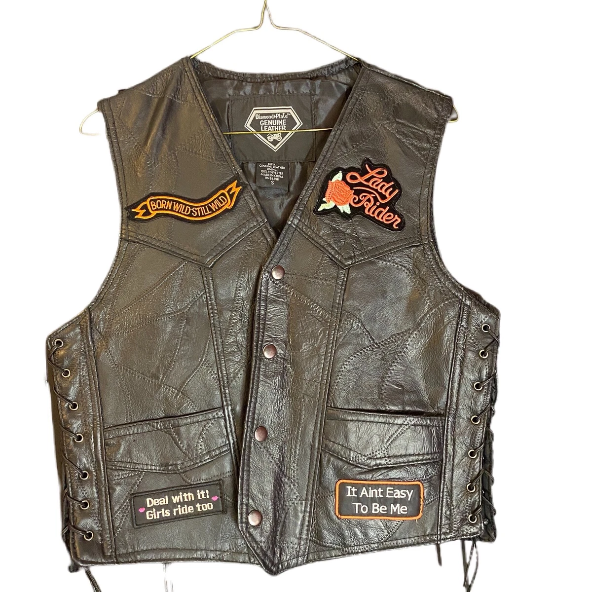 Diamond Plate genuine leather biker vest patches womens Small (S)