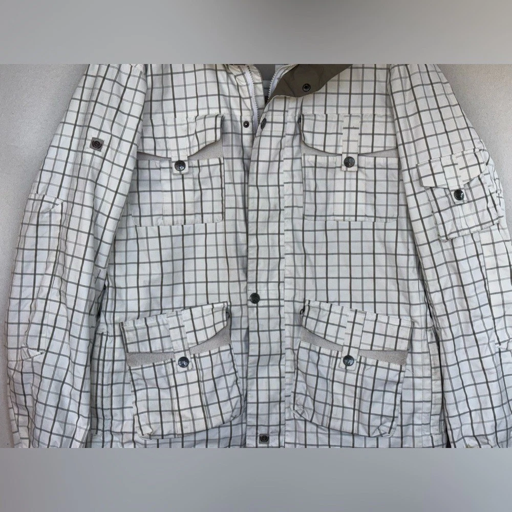 PLANET EARTH Men's Snowboard Coat Large White Checkered Ski Jacket Faux Fur Hood image 7