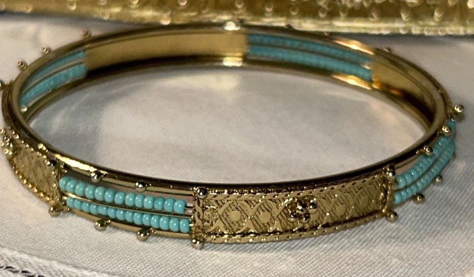 2 Turquoise, Crystal & Gold Bracelets;Bangle & Hinge, Textured Western Boho Chic - Image 2 of 4
