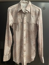 H Bar C Vtg 70's Mens 15.5-35 Western Pearl Snap Brown Geometric Long Tail Shirt