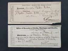 1875-6 antique THEO HATRY LOUISA CLASEN new orleans la MARRIAGE BIRTH RECEIPTS