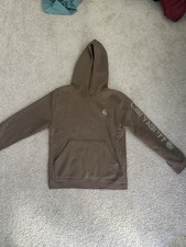 Carhartt Brown Pullover Fleece Hoodie Logo Sleeve Pockets Kids XL 18-20